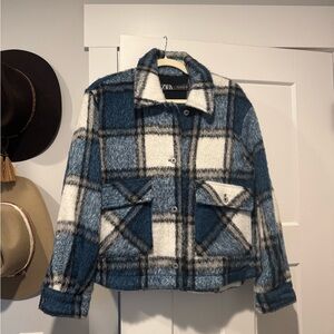 Zara Navy and Cream Checkered Jacket